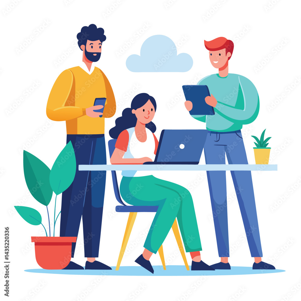 man sitting at his desk working on laptop, with woman standing near him holding phone, designed in flat style vector
man sitting at his desk working on laptop, with woman standing near him holding phone, designed in flat style vector