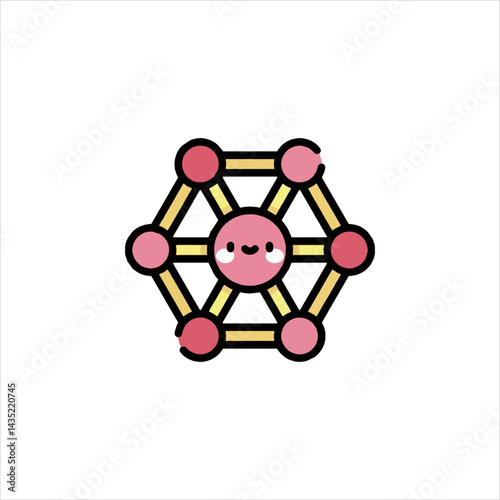 Cute molecule smiles cheerfully, connected by golden bonds, representing scientific discovery and playful learning in a simplified, cartoon style.