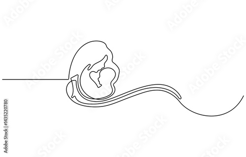 Continuous line drawing of women's love baby Uterus and Ovary. One line Female reproductive system uterus vector illustration isolated on white background.