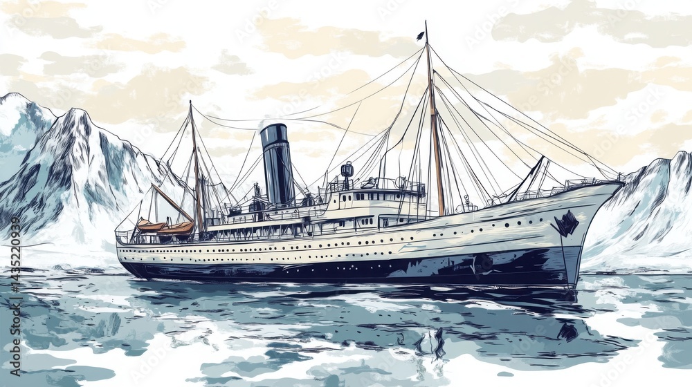 Obraz premium Classic expedition ship illustration, Magellan's Concepcian, rendered in vintage style ink lines on white