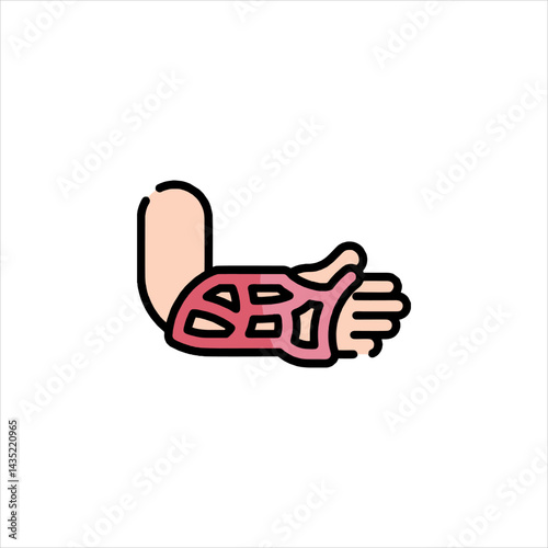 Arm in pink cast rests on white surface after injury, symbolizing healing and recovery from broken bone with medical support and care.