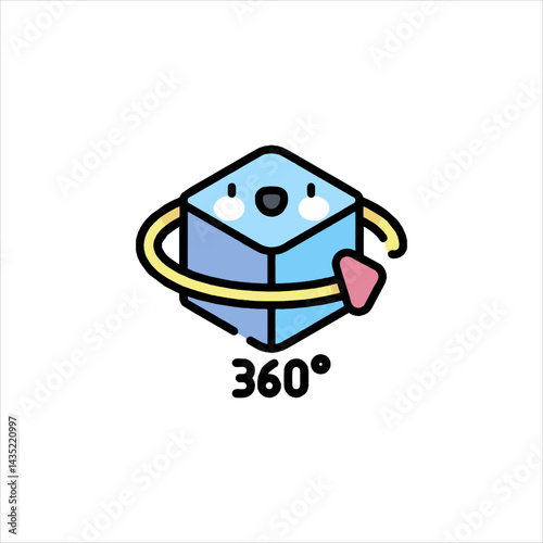 Rotating blue cube with 360 degree symbol represents virtual reality and immersive technology in a simple and modern style.