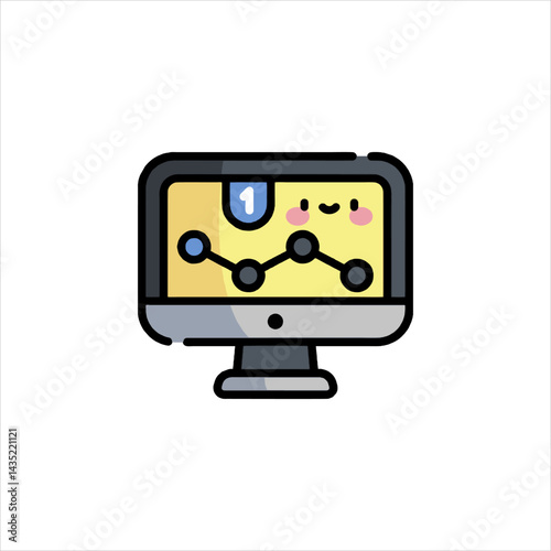 Cute computer monitor displays a cheerful graph with a kawaii face, showing data analysis and positive business trends in a modern, playful style.