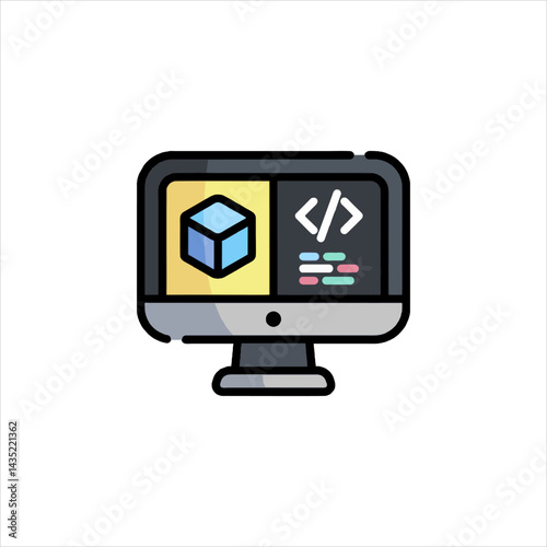 Computer screen displaying 3d model and code representing software development in a modern workspace, symbolizing technology and innovation.