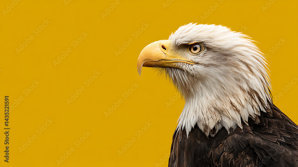 Fototapeta premium Majestic bald eagle portrait against a vibrant yellow background, showcasing its fierce gaze