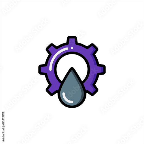 Purple gear with oil drop representing engineering solutions for industrial machinery in a clean and modern style.