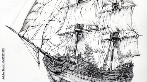Detailed vintage ship illustration, Magellan's Concepcian, classic rigging and woodwork drawn in black ink on white background