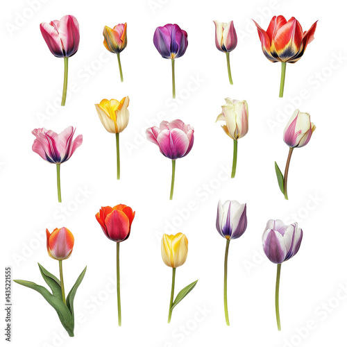 Blooming tulip heads in vibrant colors isolated on white background showcasing springs beauty, blooming tulip heads, various colors, isolated on white background