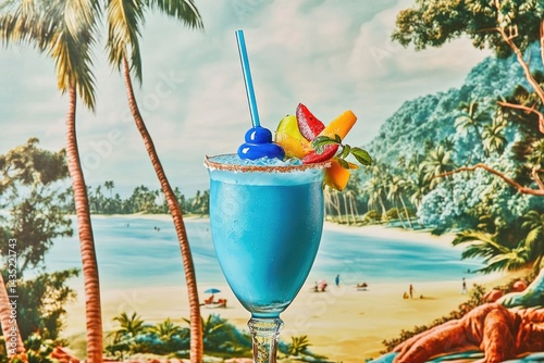 Vibrant Blue Cocktail on Tropical Beach Scene