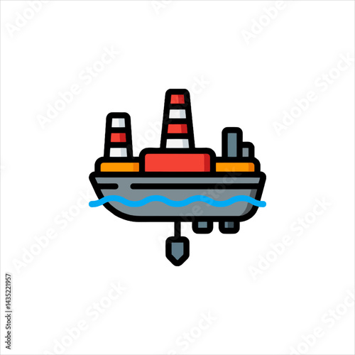 Offshore oil rig floats on calm blue sea, extracting crude oil with industrial machinery and pipelines, representing energy production and resource extraction.