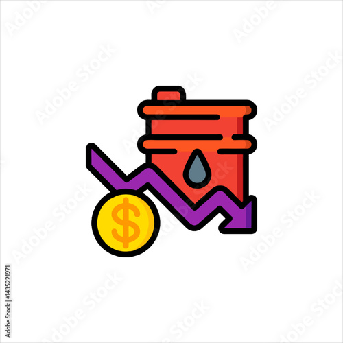 Oil barrel price falling with dollar coin showing economic downturn due to global market instability and financial crisis.