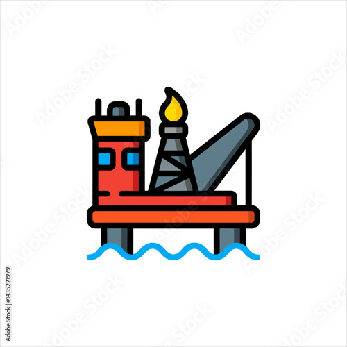 Offshore oil rig drilling in the ocean, extracting fossil fuels with a burning flame, symbolizing energy production and industrial activity.