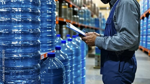 Warehouse worker checking water bottles inventory