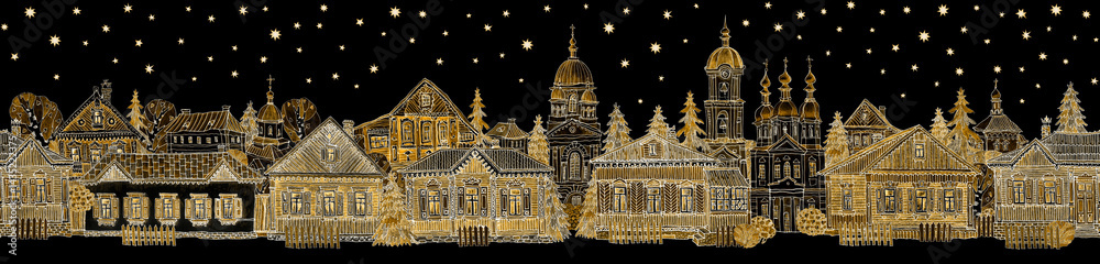 Fototapeta premium Seamless border pattern of fairy tale wooden houses street, churches, trees. Hand drawn golden sketch on a starry sky black background