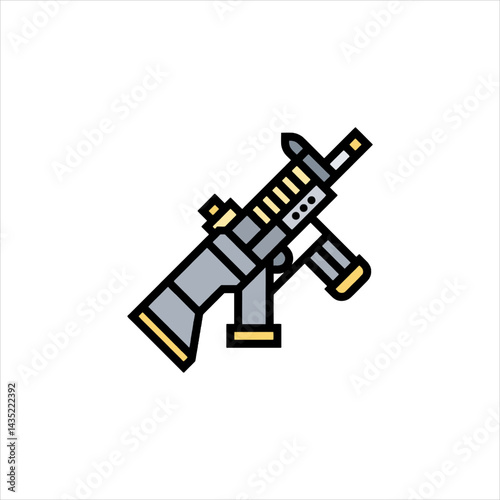 Assault rifle depicted with clean lines and bright colors, symbolizing modern warfare and the ongoing debate around gun control, evoking a sense of tension.