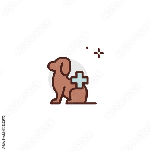 Brown dog sits patiently with a medical cross symbol indicating veterinary care and animal health in a minimalist and clean style.
