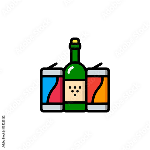 Colorful bottle and cans arranged on white surface, representing beverage options for social gatherings and celebrations.