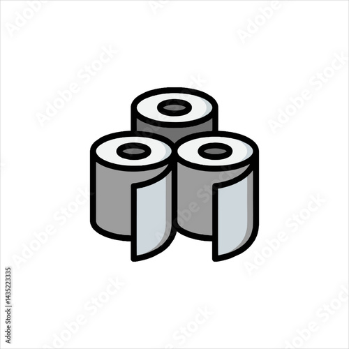Three rolls of gray toilet paper sit stacked against a white surface, symbolizing hygiene and cleanliness in a simple, minimalist style.