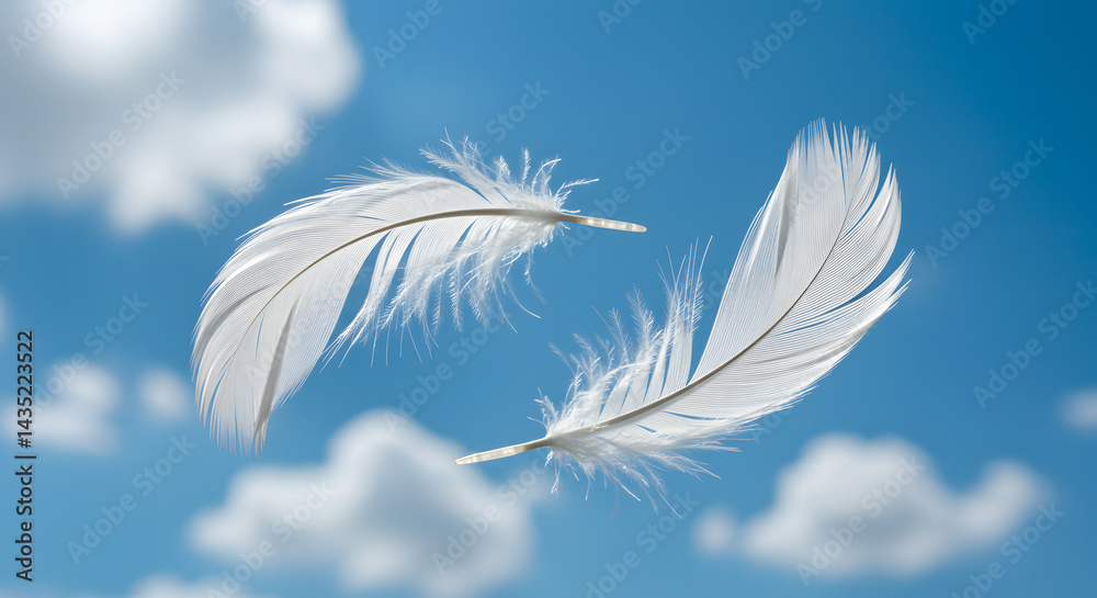 Obraz premium Two White Feathers Dancing in a Blue Sky