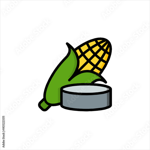 Fresh corn on the cob sitting next to a can on a white surface, depicting a simple food ingredient with a modern minimalist style.
