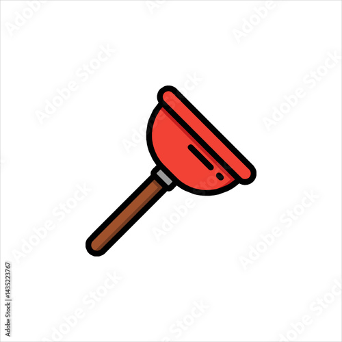 Red plunger sits diagonally on white surface, ready to unclog drains and pipes in a simple, clean style.