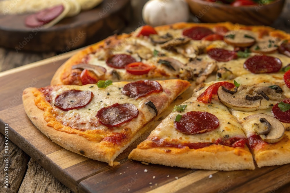 Pepperoni and Mushroom Pizza on a Rustic Wooden Board Pepperoni and Mushroom Pizza on a Rustic Wooden Board