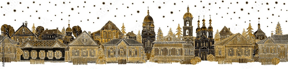 Fototapeta premium Seamless border pattern of fairy tale wooden houses street, churches, trees. Hand drawn golden sketch on a starry sky white background