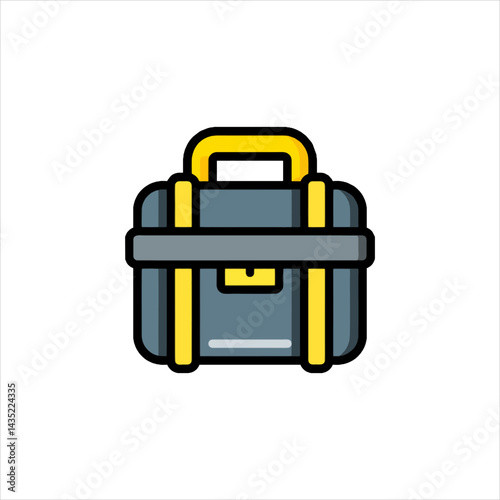 Closed toolbox sits on white surface, ready for work with its sturdy construction and organized compartments, conveying reliability and preparedness.