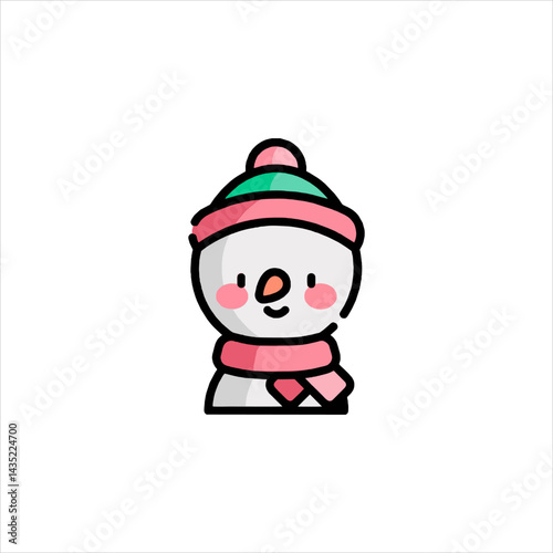 Cute snowman wearing a pink scarf and green hat smiles cheerfully against a white backdrop, radiating winter holiday joy.