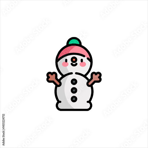 Cute snowman standing cheerfully in snowy winter landscape with pink hat and rosy cheeks, spreading holiday cheer.
