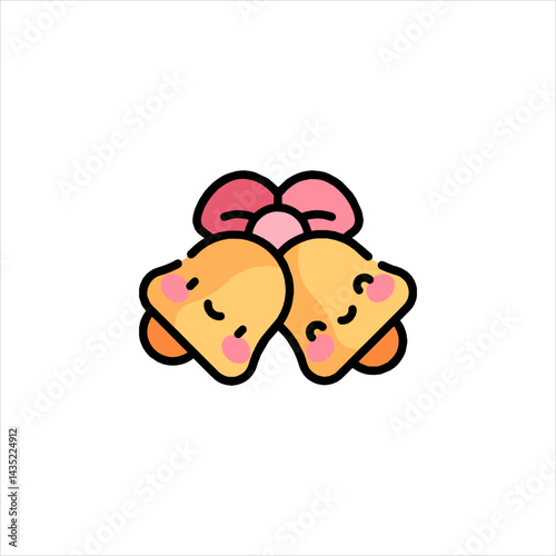Two cute golden bells ring merrily with a pink bow on white, symbolizing celebration and joy during a festive occasion.