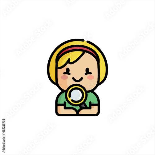 Girl holding magnifying glass looks curiously at something unseen, her blonde hair framing her face in a playful, inquisitive way.