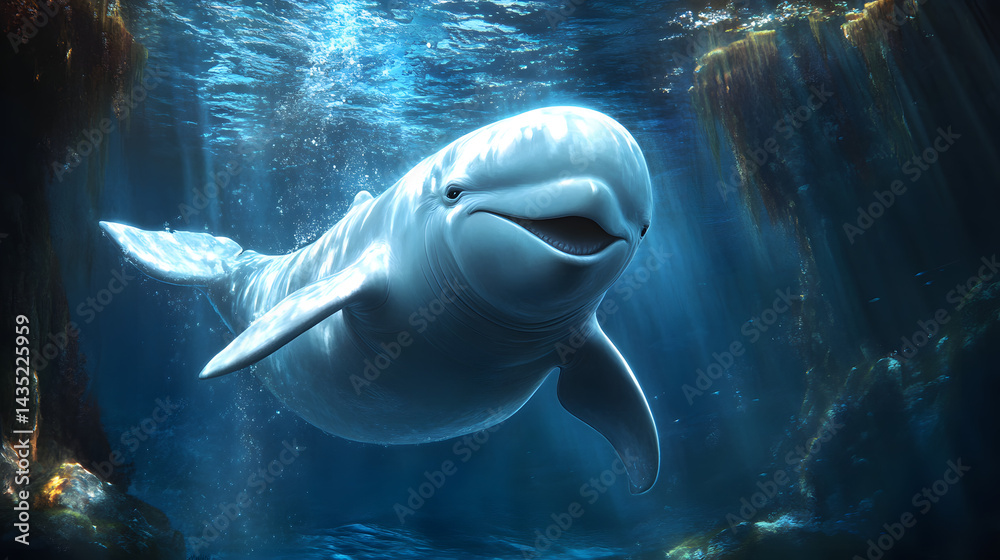 Fototapeta premium A whale is swimming in the ocean with its mouth open