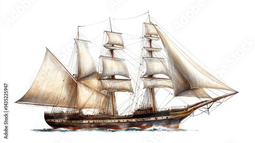 Retro nautical illustration of the Concepcian, period ship details with billowing sails and rigging on a stark white background