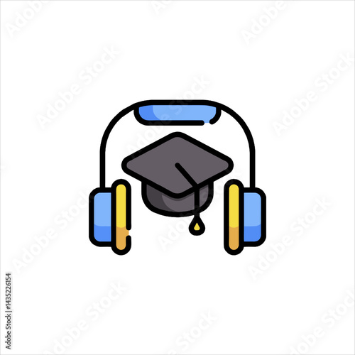 Graduation cap with headphones represents online learning and educational technology for students in modern world.