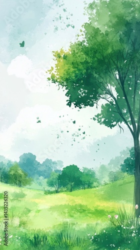 Watercolor Meadow Landscape with Trees, Grasses, and Scattered Leaves on a Soft Gradient Sky Background in Vertical Format