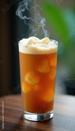 Wallpaper Mural Steamy glass of iced Thai tea with creamy milk foam topping, ice, condensation Torontodigital.ca