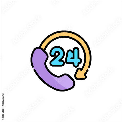 Telephone receiver indicates twenty four hour service with arrow circling around on white, representing constant availability and support.