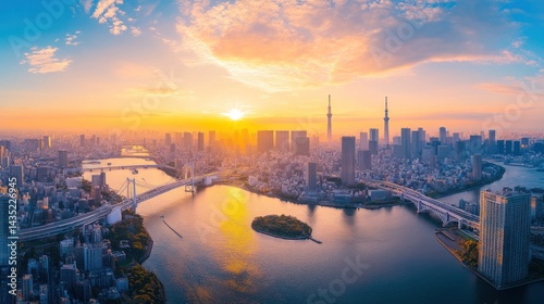 Panoramic view of Tokyo cityscape at sunset over the river
