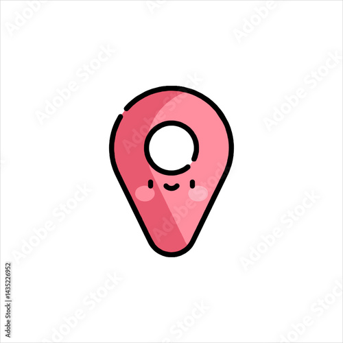 Cute pink location pin smiles cheerfully on a white backdrop, suggesting a friendly and approachable navigation experience.