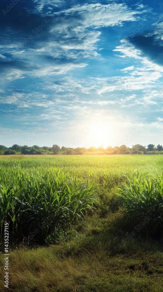 Fototapeta premium Serene cornfield landscape under a bright sky with soft clouds at sunset creating a peaceful and vibrant atmosphere in the countryside with a natural path