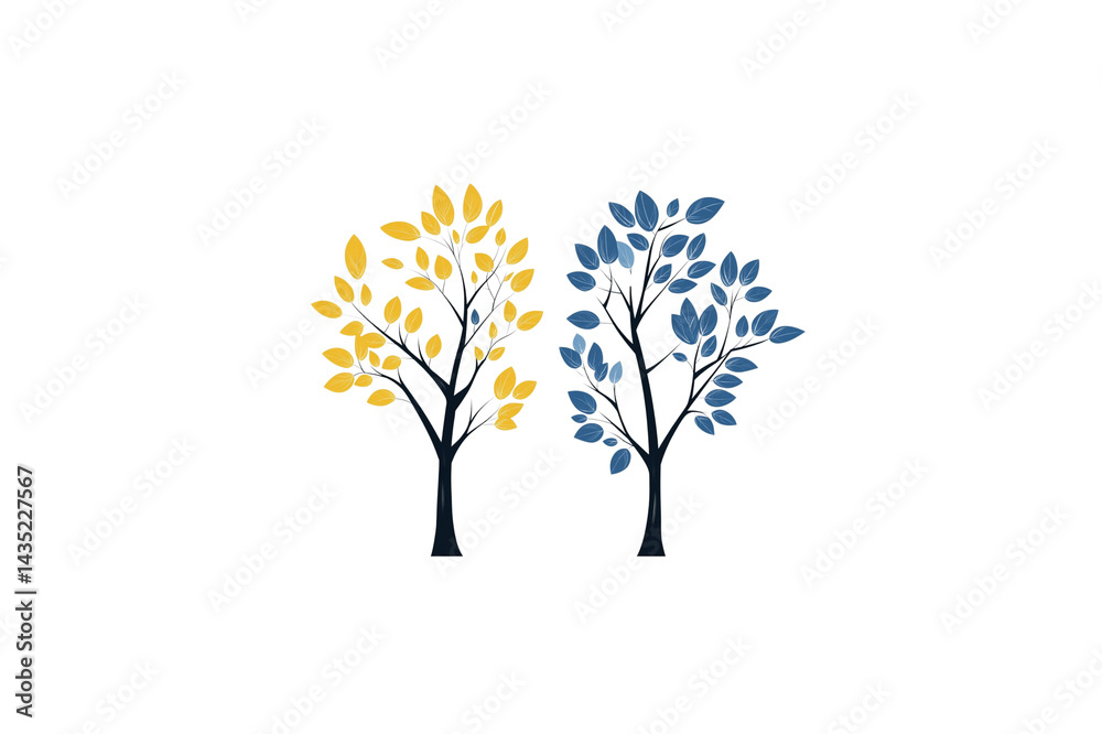 Obraz premium Two trees with yellow and blue leaves on a white background.