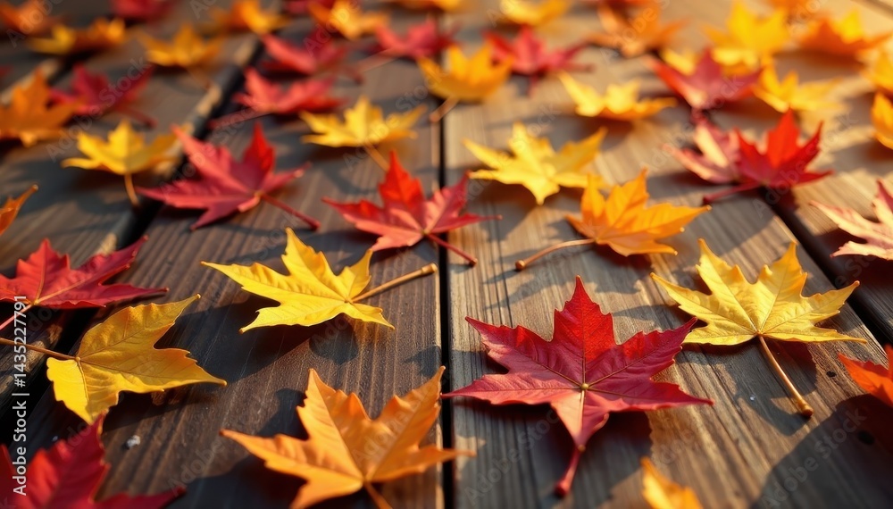 Fototapeta premium Vibrant fall leaves scattered on wooden floor, harvest display, warm tones