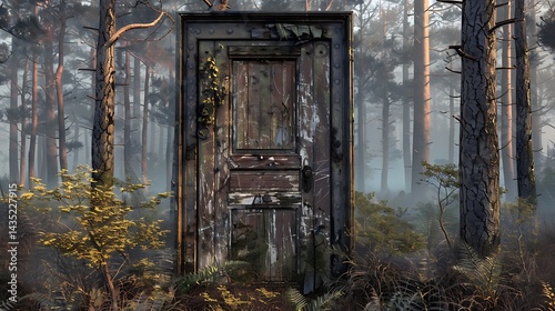 Mysterious forest door covered in moss and vines

