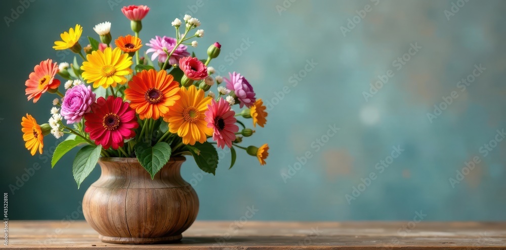 Vibrant mix of wildflowers in a rustic wooden vase, nature, wildflowers Vibrant mix of wildflowers in a rustic wooden vase, nature, wildflowers