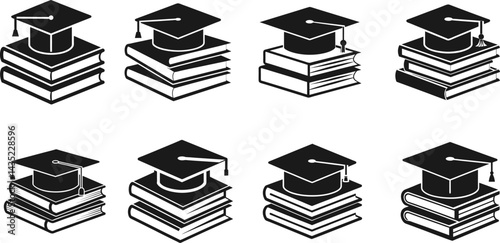 Graduation caps on stacks of books education learning knowledge vector illustration image