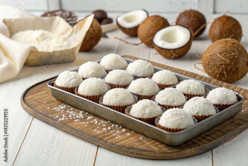Coconut Treats Covered in White Powder on Wooden Tray Generative AI