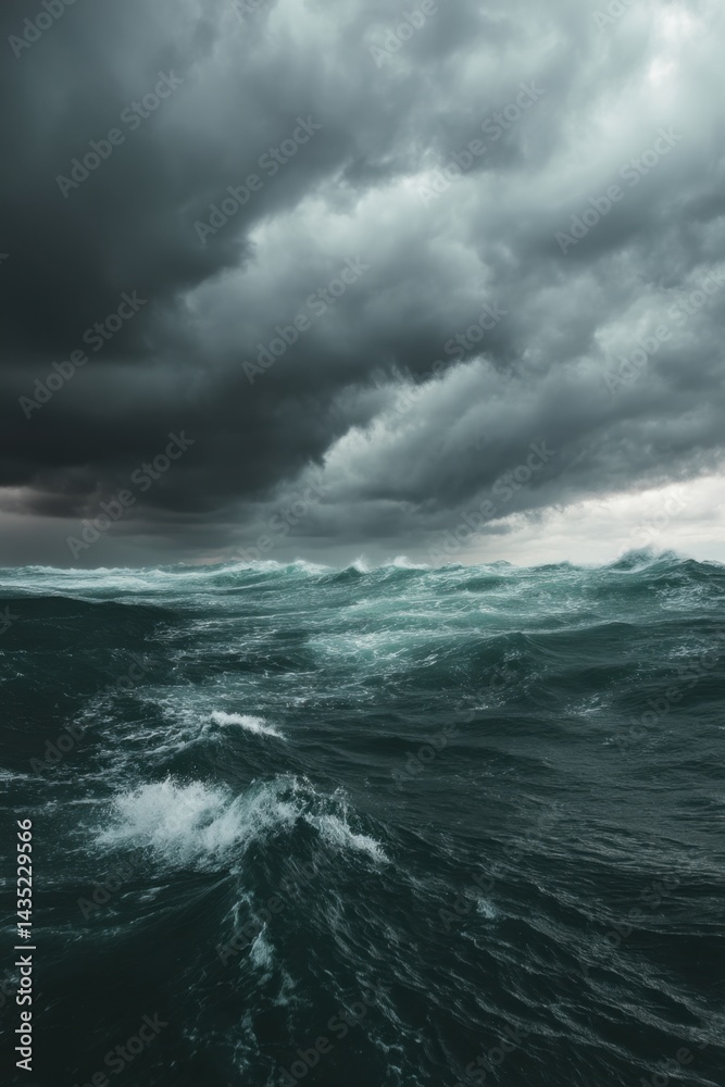 Obraz premium Dramatic seascape with turbulent waves under a stormy sky evoking power and moodiness, capturing a sense of nature's raw energy and atmospheric depth in a captivating scene