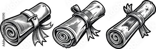 Rolled Documents Tied with Ribbons Graduation Scrolls Black And White Vector Illustration Image