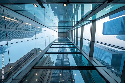 Stunning architectural view of skyscrapers and a glass facade, looking upwards towards the sky